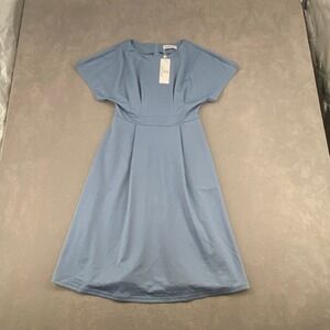 Jasambac Blue Pleated Fit and Flare Midi Dress Short Sleeve Cocktail Size S NWT